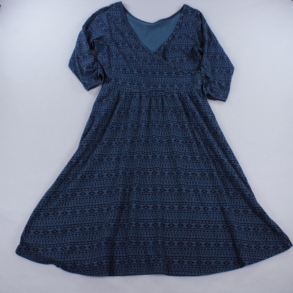 Mata Traders Callie Faux Wrap Dress Size M Blue Geometric Organic Cotton Jersey
